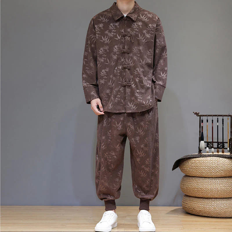 Buddha Stones 2Pcs Winter Thick Bamboo Men's Tang Suit Frog-Button Cotton Corduroy Long Sleeve Jacket Pants Set With Pockets