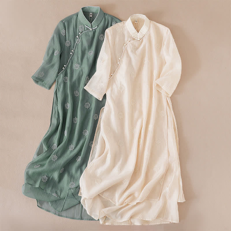 Buddha Stones Embroidery Flower Frog-Button Stand Collar Side Slit Short Sleeve Maxi Dress