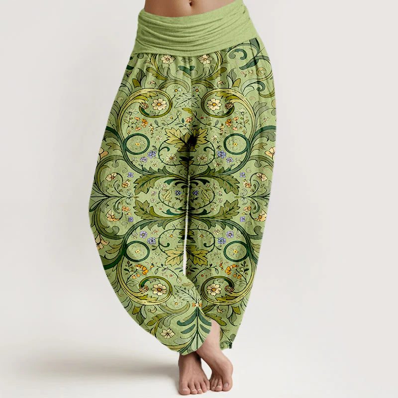 Buddha Stones Pure Cotton Layered Leaves Vines Flowers Pattern Women's Elastic Waist Harem Pants