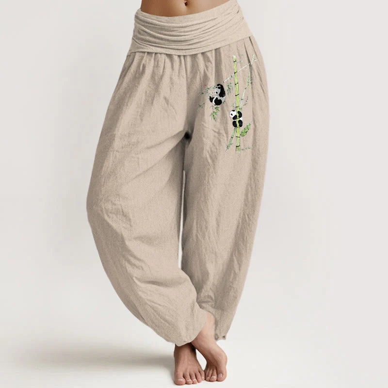 Buddha Stones Pure Cotton Simple Style Panda Bamboo Pattern Women's Elastic Waist Harem Pants
