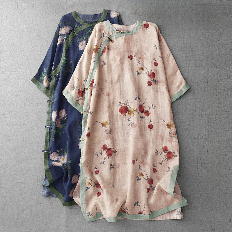 Buddha Stones Frog-Button Orchid Pomegranate Flowers Pattern Side Slit Design Half Sleeve Midi Dress
