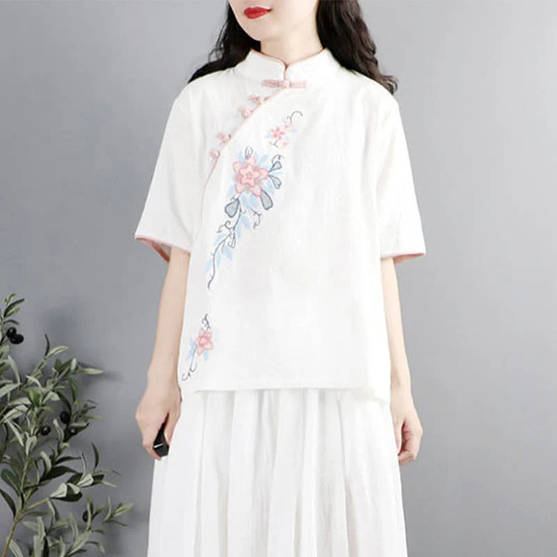 Buddha Stones Summer Flower Embroidery Half Sleeve Frog-Button Mandarin Collar Cotton Linen Women's Shirt