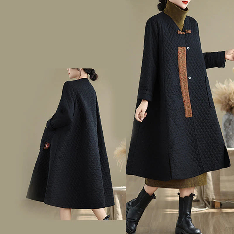 Buddha Stones Diamond Pattern Mid-length Women's Cotton Coat With Pockets