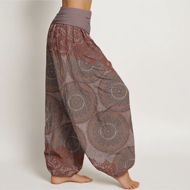 Buddha Stones Cotton Casual Flowers Compass Design Women's Elastic Waist Harem Pants