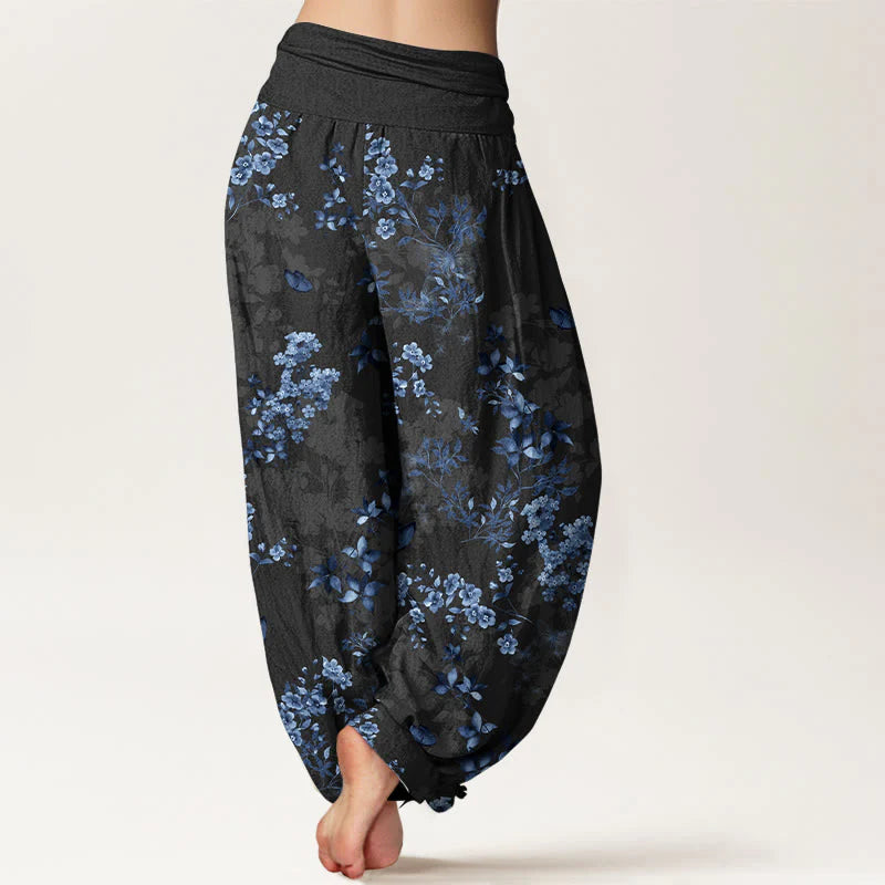 Buddha Stones Cotton Hazy Flower Leaf Pattern Women's Elastic Waist Harem Pants