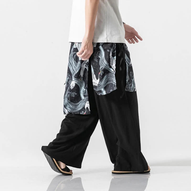 Buddha Stones Summer Flying Crane Design Cotton Men's Wide Leg Pants With Pockets