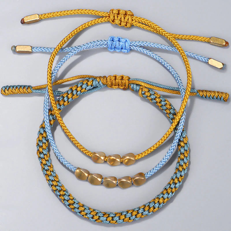 Buddha Stones 3Pcs Blue Yellow String Golden Copper Beads Healing Bracelet