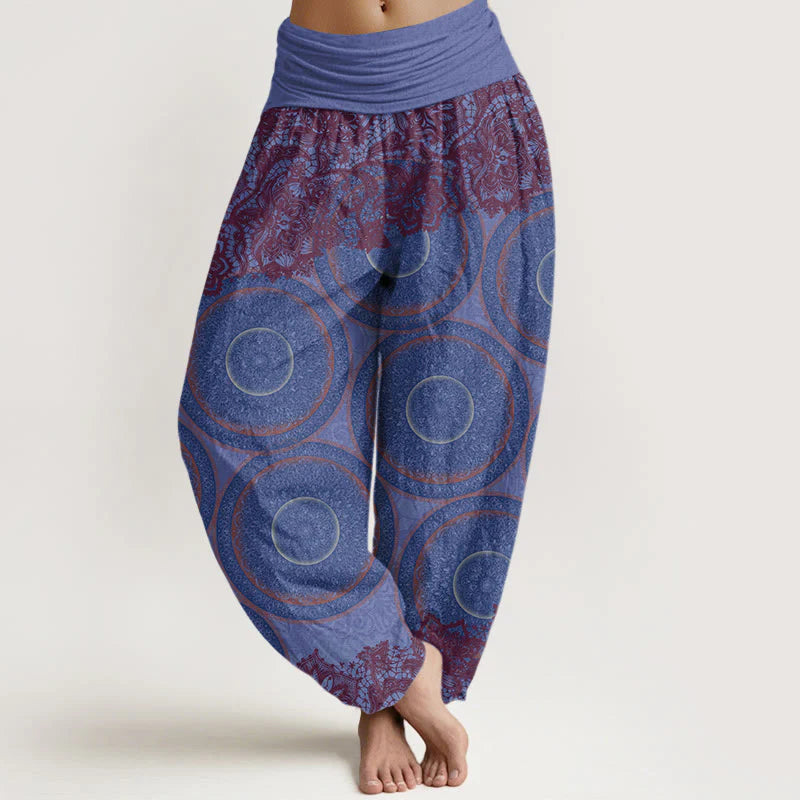Buddha Stones Cotton Casual Flowers Compass Design Women's Elastic Waist Harem Pants