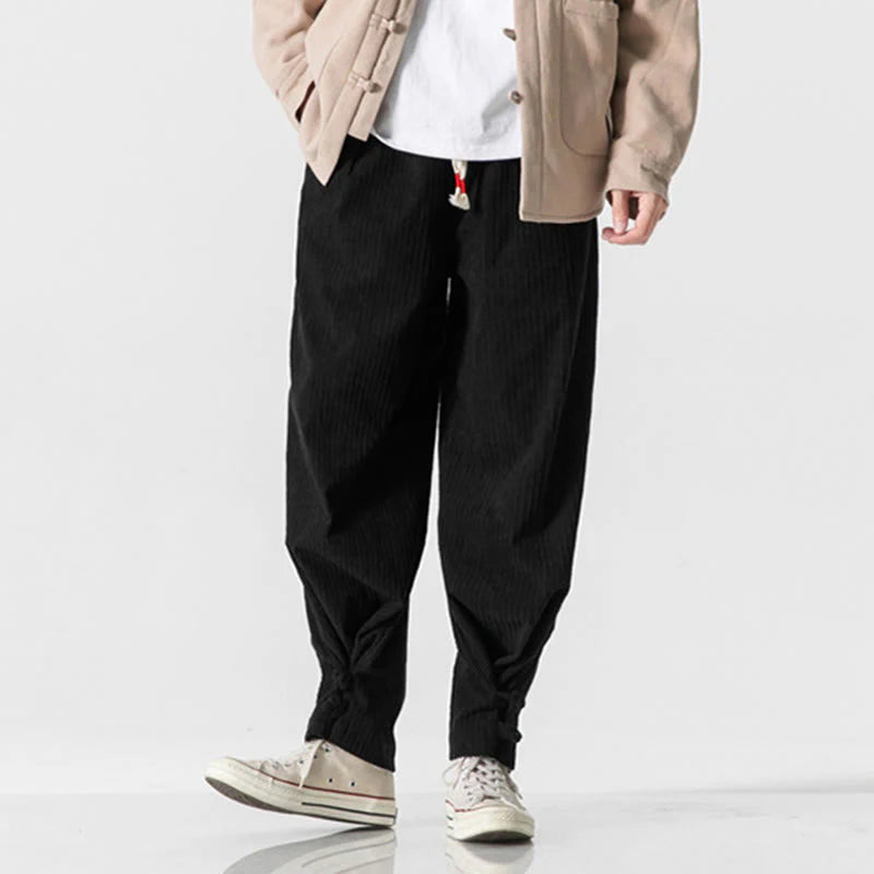 Buddha Stones Fall Winter Men's Pure Color Button Design Cotton Straight Leg Pants With Pockets
