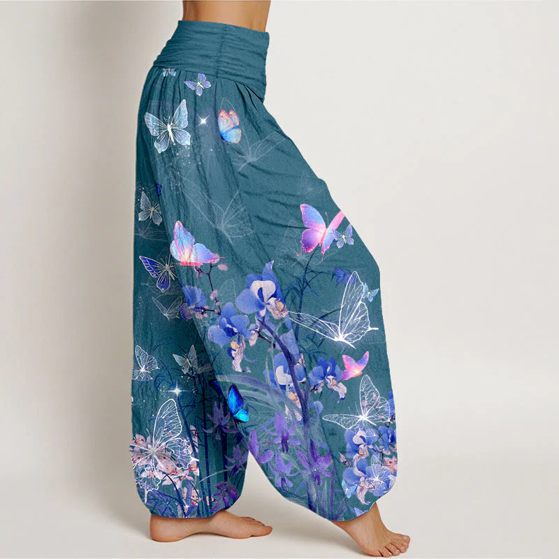 Buddha Stones Pure Cotton Dreamlike Butterfly Flower Grass Bamboo Pattern Women's Elastic Waist Harem Pants