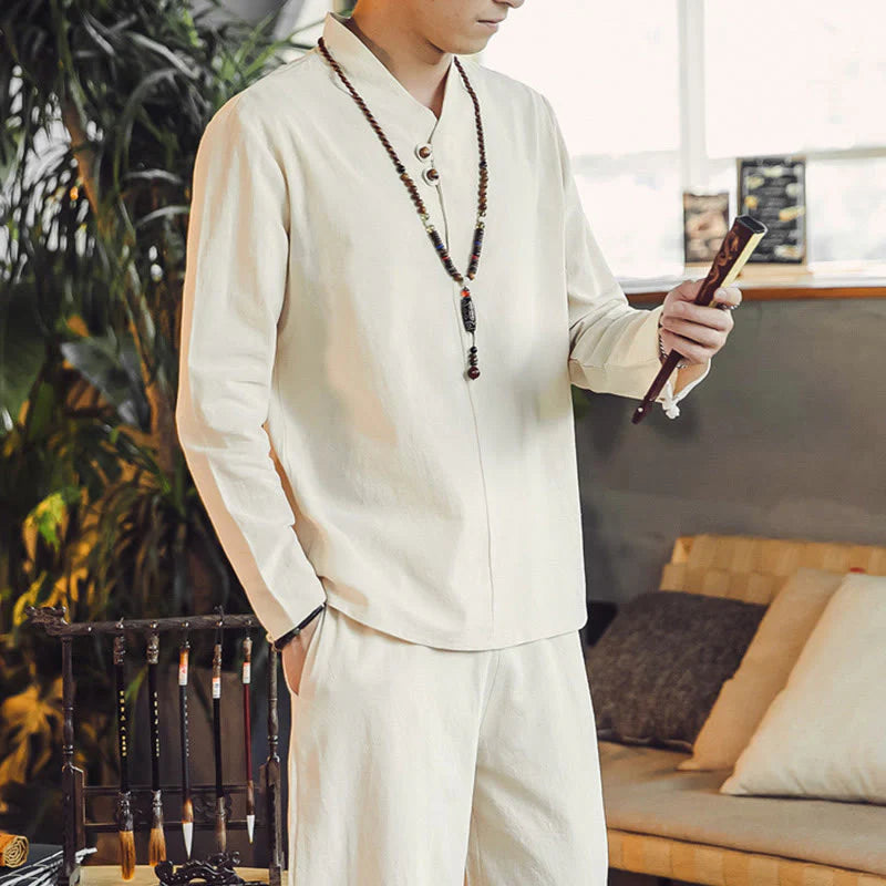 Buddha Stones 2Pcs Shirt Ankle-Length Pants With Pockets Men's Meditation Cloth Set