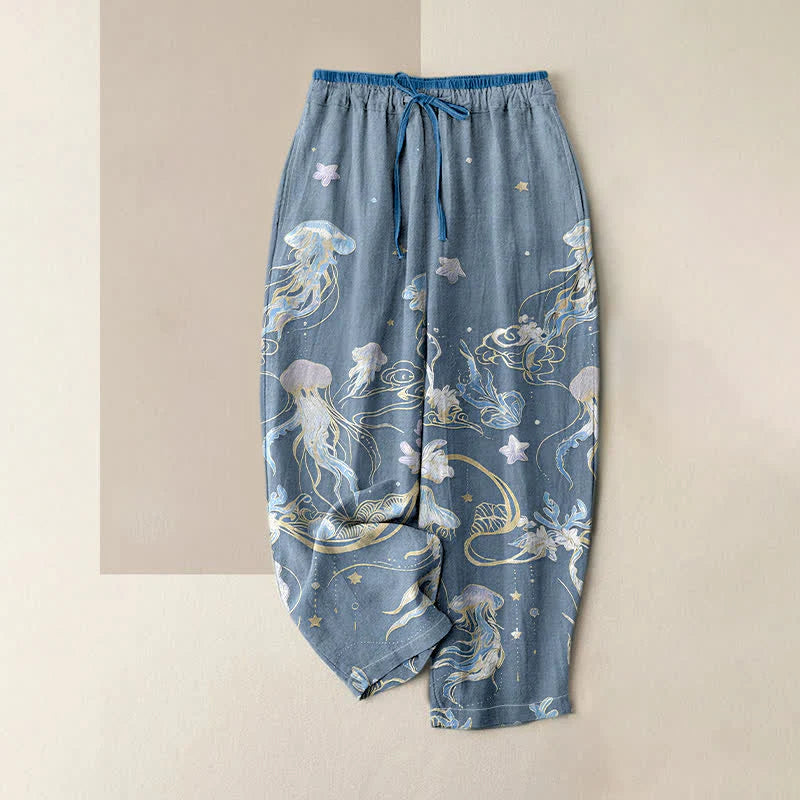 Buddha Stones Jellyfish Pattern Women's Pure Cotton Elastic Waist Pants With Pockets