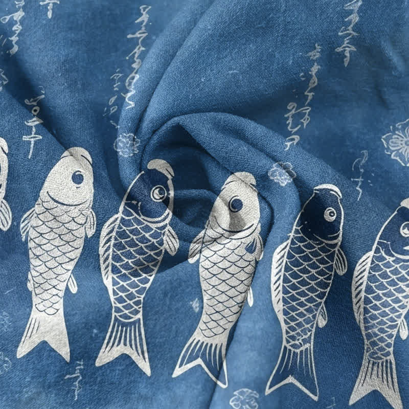 Buddha Stones Cotton Koi Fish Emblem Men's Short Sleeve Half Button Shirt
