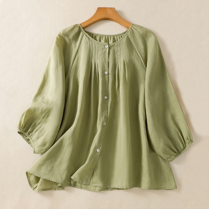Buddha Stones Plain Button Crew Neck Three Quarter Sleeve Women's Cotton Shirt