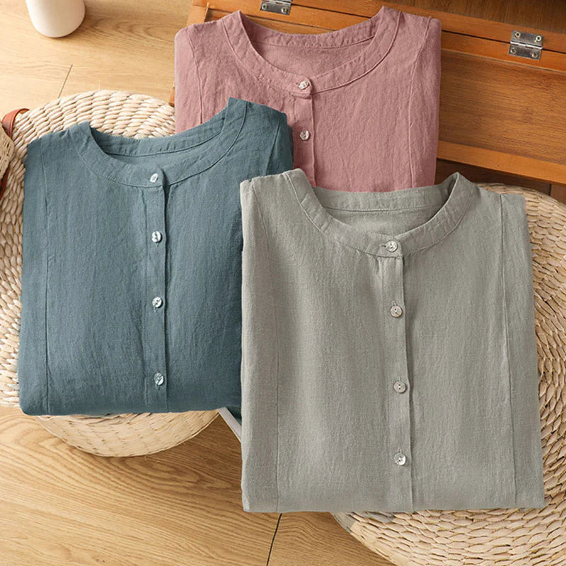 Buddha Stones Fall Commute Patchwork Plain Design Long Sleeve Women's Cotton Buttons Shirt