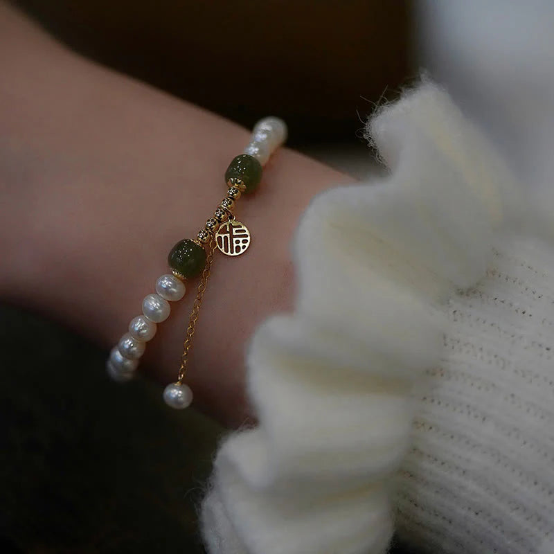 Buddha Stones Natural Pearl Hetian Jade Happiness Wisdom Bead Bracelet