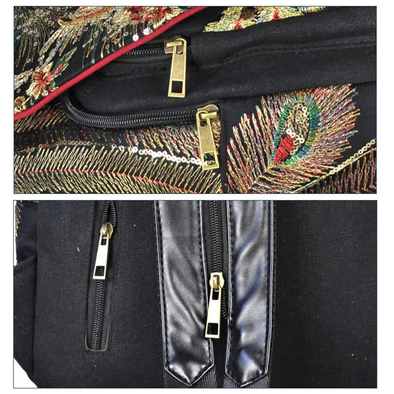 Buddha Stones Peacock Embroidery Canvas Tassel Backpack