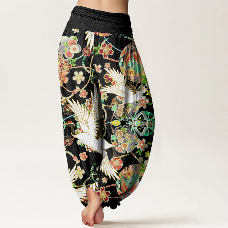 Buddha Stones Cotton Casual Crane Floral Geometric Pattern Elastic Waist Women's Harem Pants