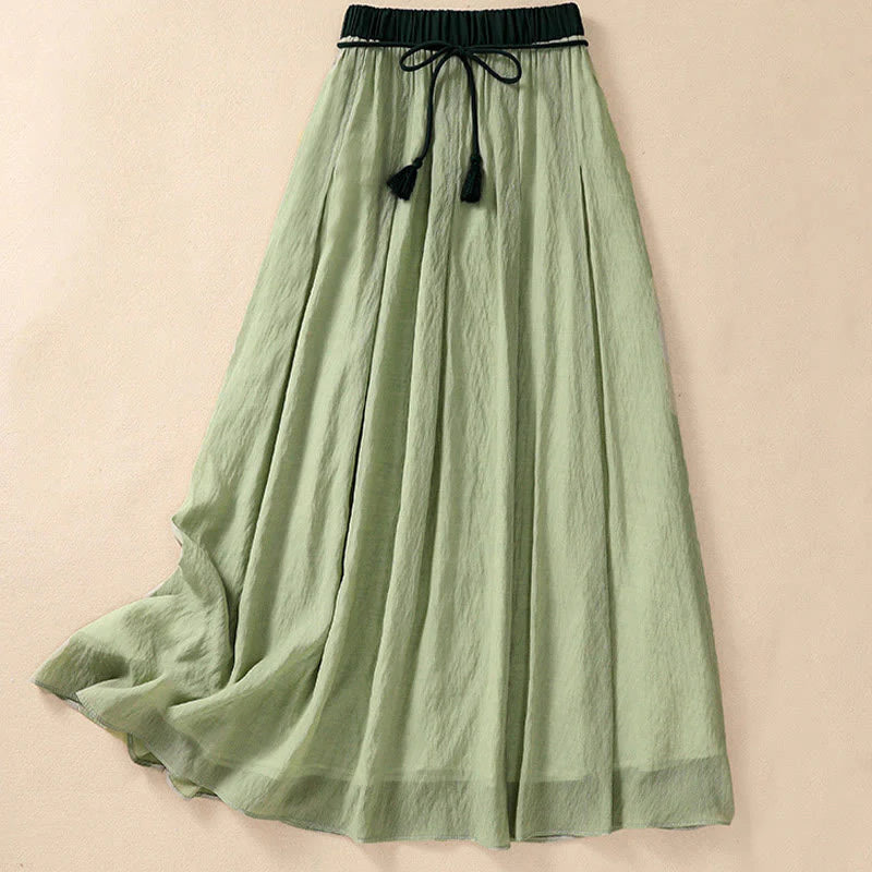 Buddha Stones Casual Contrasting Color Pleated Lace-Up Design Women's Cotton Linen 7-8 Length Skirt
