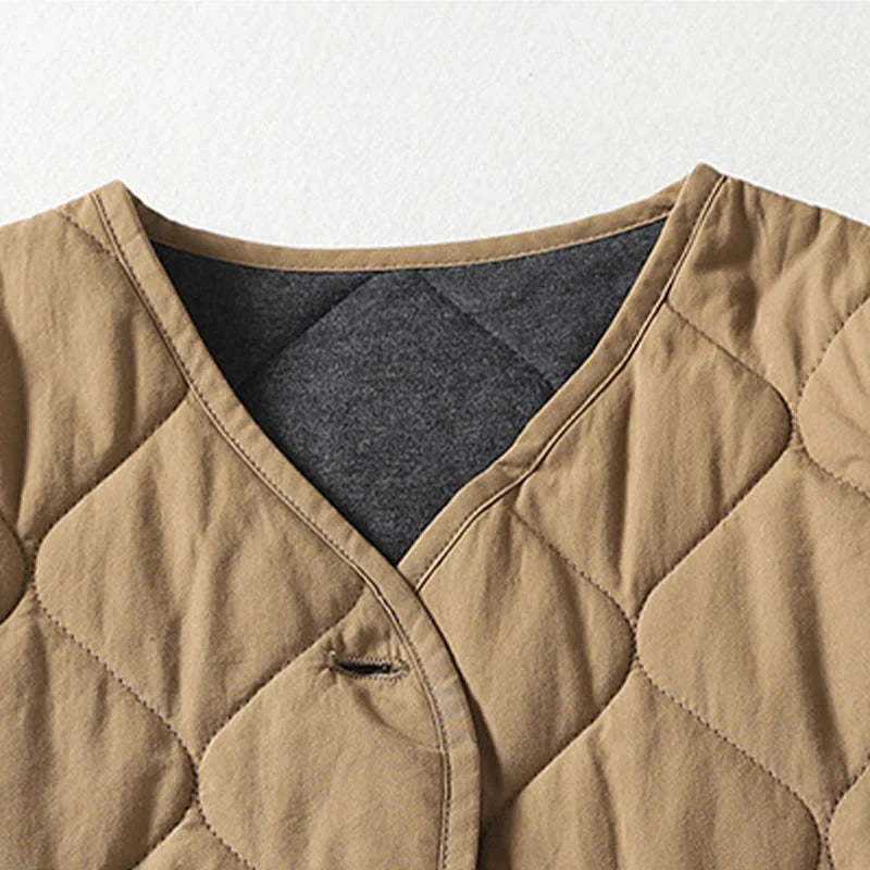Buddha Stones Plain Buttons V-Neck Long Sleeve Women's Cotton Coat With Pockets