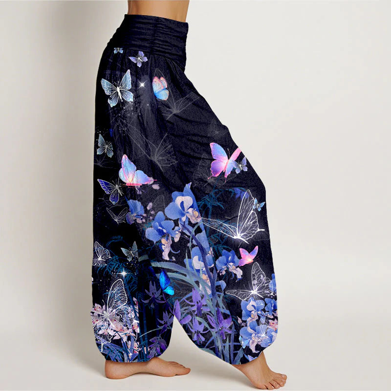 Buddha Stones Pure Cotton Dreamlike Butterfly Flower Grass Bamboo Pattern Women's Elastic Waist Harem Pants