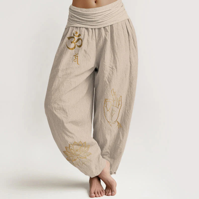Buddha Stones Om Dhi Symbols Lotus Buddha's Hand Pattern Women's Elastic Waist Harem Cotton Pants