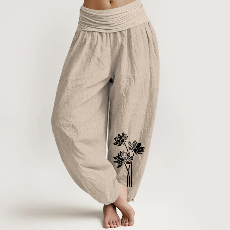 Buddha Stones Casual Three Lotus Flowers Pattern Women's Elastic Waist Harem Cotton Pants