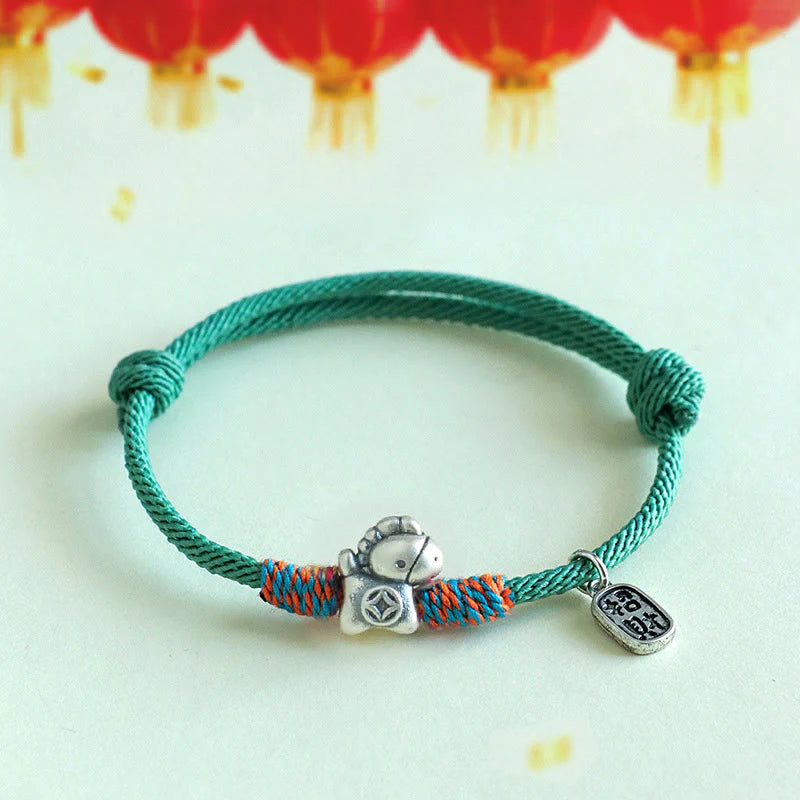 Buddha Stones 999 Sterling Silver Year Of The Horse Fu Character Attract Fortune String Rope Luck Bracelet
