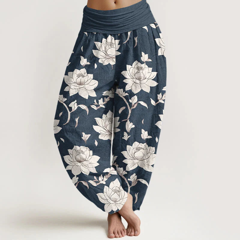 Buddha Stones Pure Cotton Beige Lotus Pattern Women's Elastic Waist Harem Pants