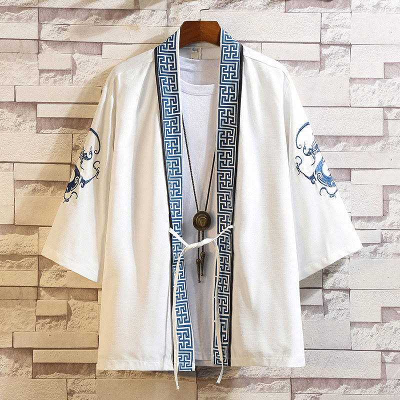 Buddha Stones Embroidery Dragon Phoenix Auspicious Cloud Waves Leaves Cranes Open Front Jacket Men's Kimono