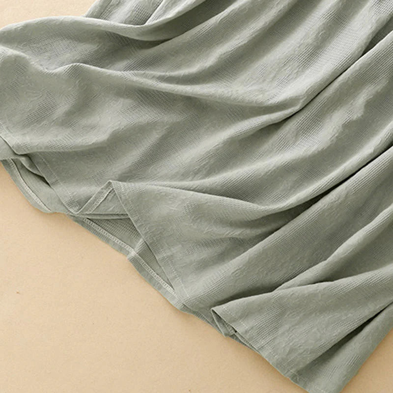 Buddha Stones Summer Jacquard Plain Elastic Cuff Design Crew Neck Short Sleeve Cotton Midi Dress