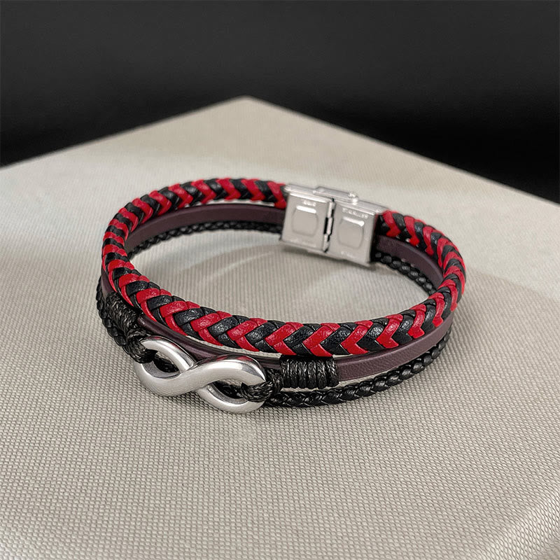 Buddha Stones Infinitely Design Titanium Steel Braided Three-layer Leather Balance Bracelet