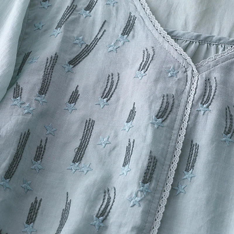 Buddha Stones Casual Shooting Star Embroidery V-Neck Half Sleeve Cotton Linen Women's Shirt
