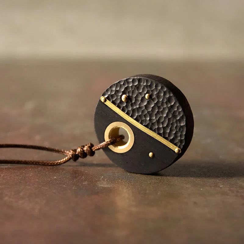 Buddha Stones Handcrafted Round Ebony Wood Brass Copper Peace Necklace Pendant
