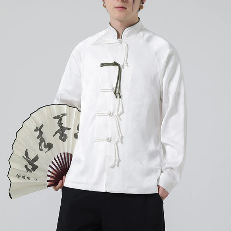 Buddha Stones Spring Jacquard Bamboo Leaves Pattern Chinese Frog-Button Design Men's Long Sleeve Shirt
