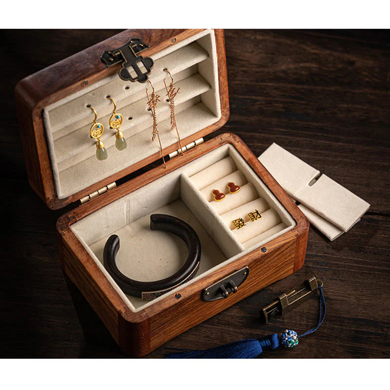 Buddha Stones Retro Handmade Floral Pattern Rosewood Jewelry Storage Box Lockable Wooden Gift Organizer Box