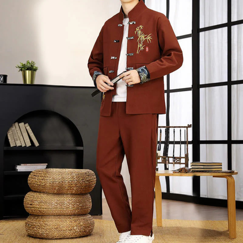 Buddha Stones 2Pcs Tang Suit Bamboo Frog-Button Men's Long Sleeve Shirt Pants Clothing Set