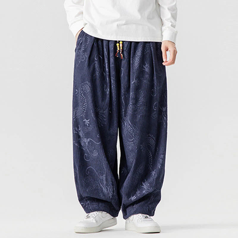 Buddha Stones Winter Dragon Phoenix Pattern Cotton Corduroy Men's Harem Pants With Pockets