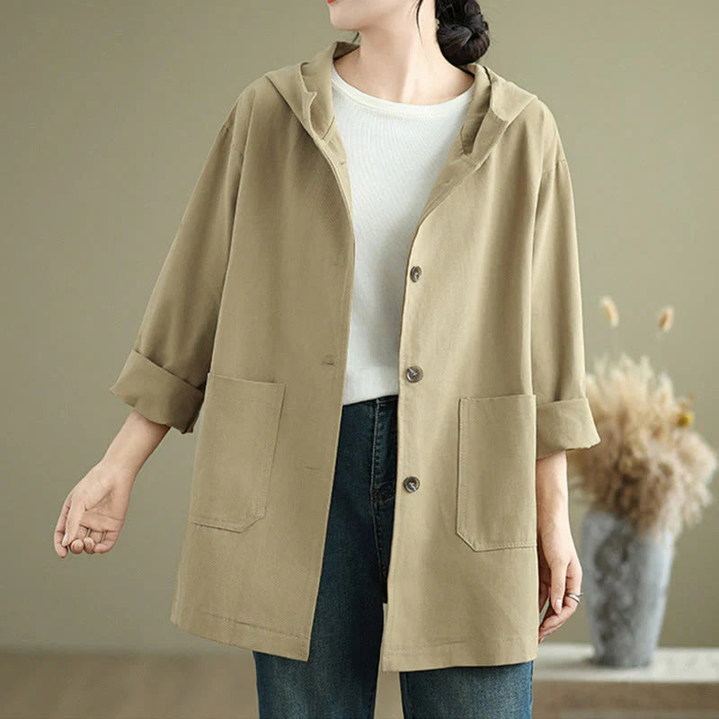 Buddha Stones Fall Vintage Hoodie Women's Cotton Linen Jacket With Front Pockets