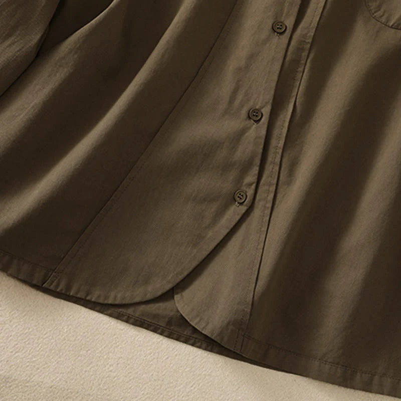 Buddha Stones Spring Lapel Long Sleeve Plain Women's Cotton Buttons Shirt With Pockets