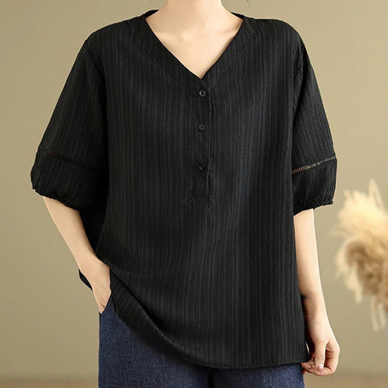 Buddha Stones Casual Plain Button V-Neck Women's Polyester Short Sleeve Shirt