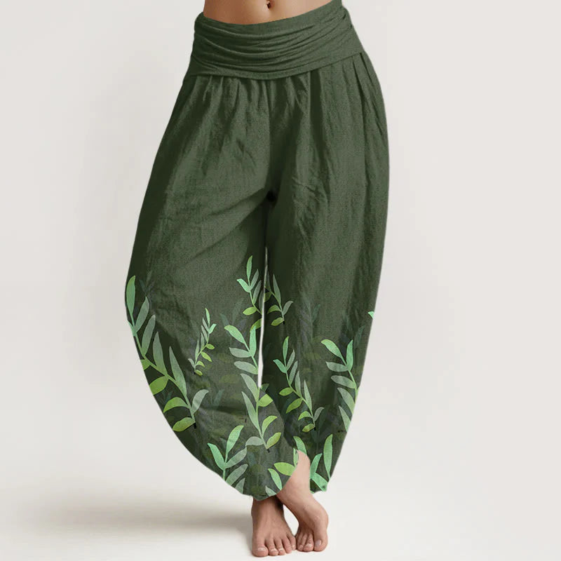 Buddha Stones Cotton Casual Leaves Pattern Women's Elastic Waist Harem Pants