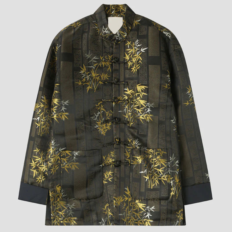 Buddha Stones Golden Bamboo Jacquard Frog-Button Long Sleeve Men's Jacket With Pockets