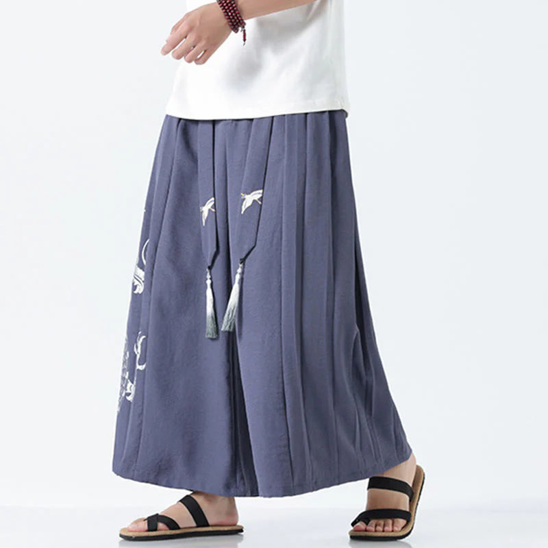 Buddha Stones Summer Dragon Drawstring Design Cotton Ankle-Length Men's Wide Leg Pants With Pockets