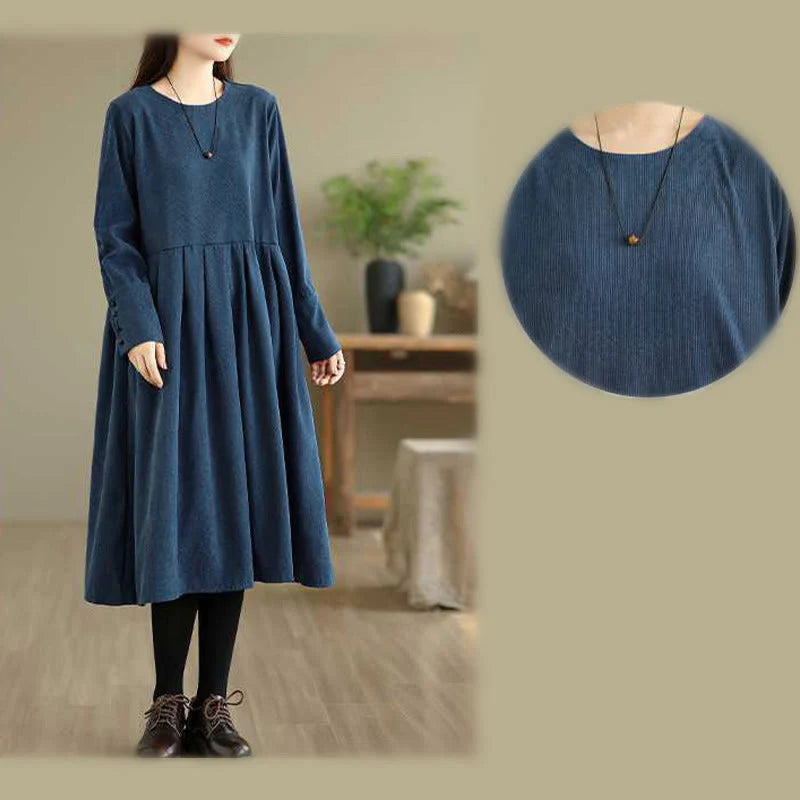 Buddha Stones Fall Plain DarkBlue Long Sleeve Corduroy Midi Dress With Pockets