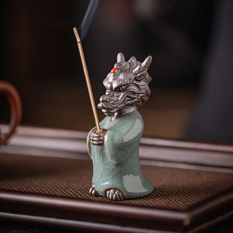 Buddha Stones Praying Dragon King Lotus Base Fu Character Ceramic Healing Incense Burner Desk Decoration