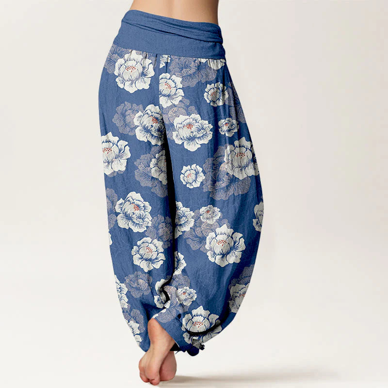 Buddha Stones Cotton Elegant White Flowers Pattern Women's Elastic Waist Harem Pants