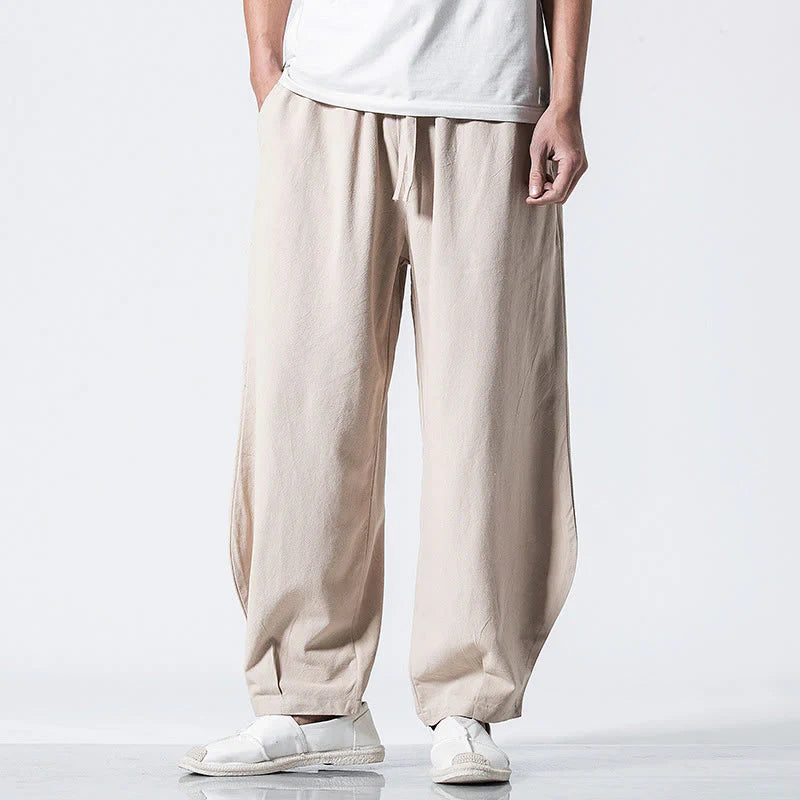 Buddha Stones Drawstring Elastic Waist Ankle-Length Men's Cotton Pants With Pockets