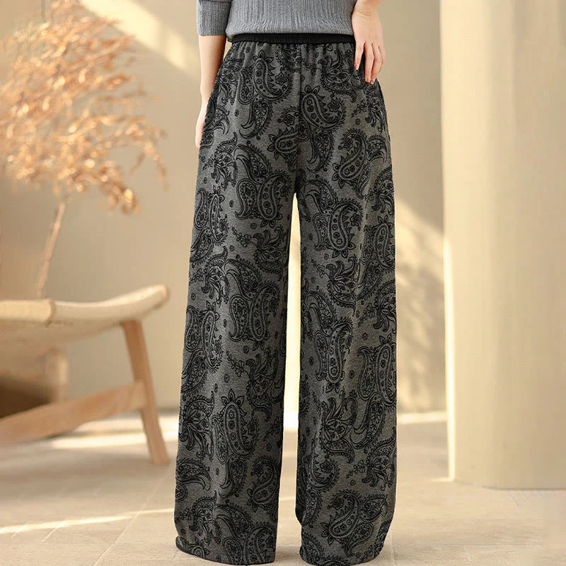 Buddha Stones Jacquard Paisley Pattern Women's Wide Leg Thermal Fleece-Lined Cotton Pants With Pockets