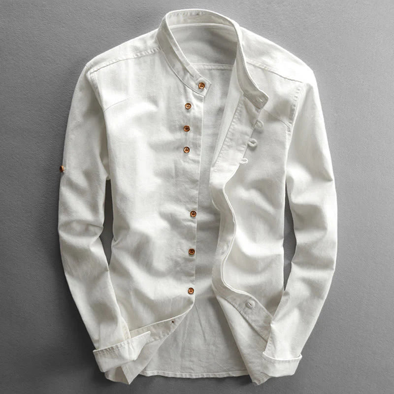 Buddha Stones Men's Slim Fit Design Stand Collar Crew Neck Long Sleeve Cotton Linen Shirt